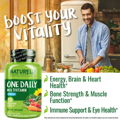 NATURELO Mens Multivitamins - One Daily Multivitamin for Men with Vitamins, Minerals & Organic Whole Foods, Boost Energy & Health