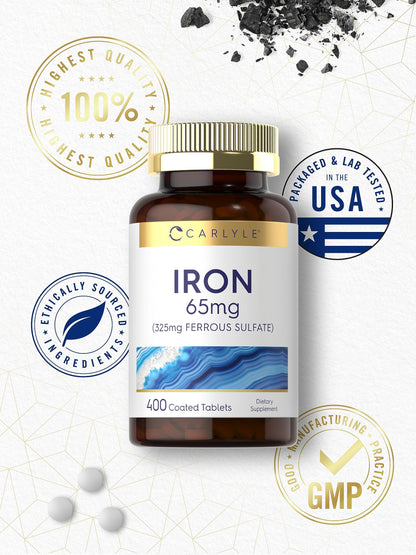 Carlyle Iron Ferrous Sulfate 325mg, 65 mg | 400 Tablets | Non-GMO, Gluten Free, and Vegetarian Supplement | High Potency