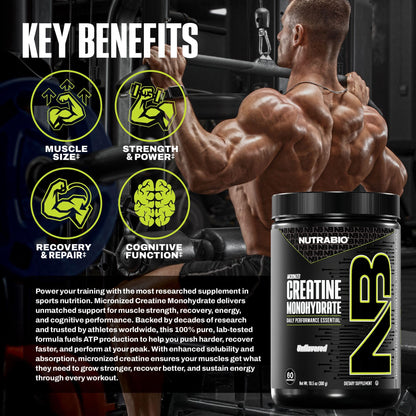 NutraBio Pure Micronized Creatine Monohydrate Powder Supplement, Unflavored, (300 g) - Supports Bulk Muscle Energy, Recovery, and Strength - HPLC Tested Creatine