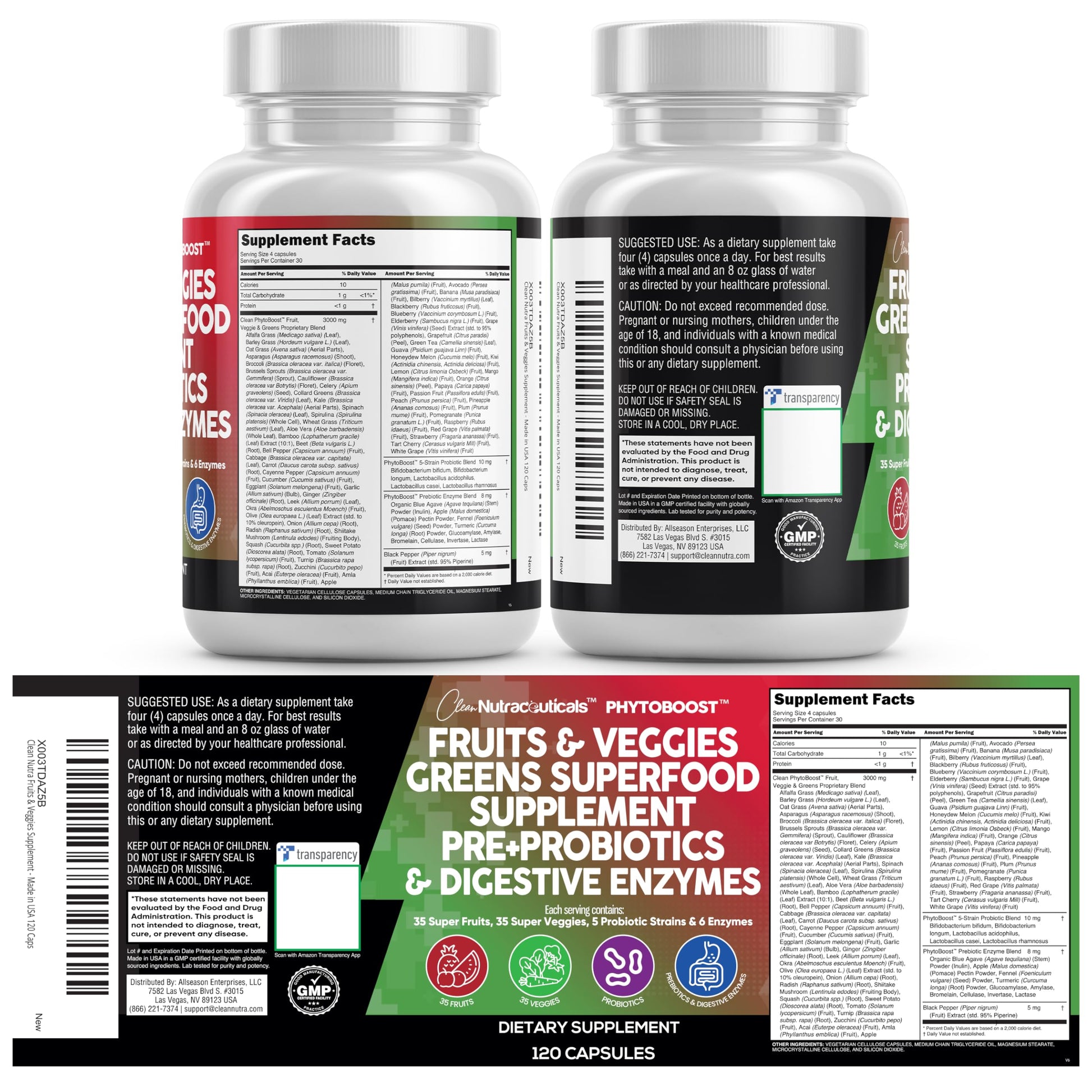 Clean Nutraceuticals Fruits and Veggies Supplement Reds & Green Superfood - Balance of Over 70 Fruit & Vegetable Supplements Capsules with Probiotics Prebiotics Digestive Enzymes - 120 Ct USA Clean NutraceuticalsBuy Supplements Australia