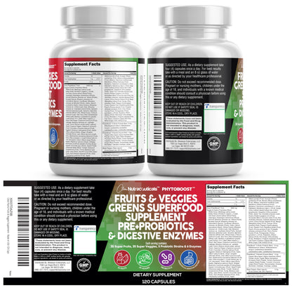 Clean Nutraceuticals Fruits and Veggies Supplement Reds & Green Superfood - Balance of Over 70 Fruit & Vegetable Supplements Capsules with Probiotics Prebiotics Digestive Enzymes - 120 Ct USA Clean NutraceuticalsBuy Supplements Australia