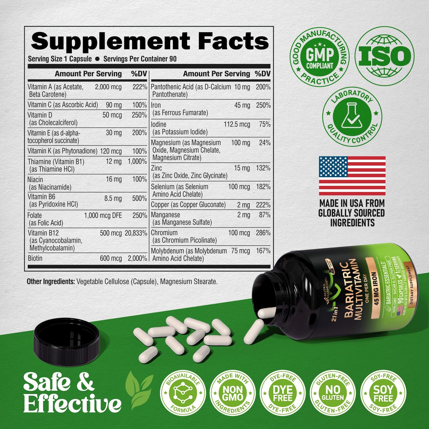 Bariatric Multivitamin - 45 mg Iron Supplements - Made in USA - for Women & Men - All-in-One, 21 Essential Vitamins - Gastric Sleeve Support