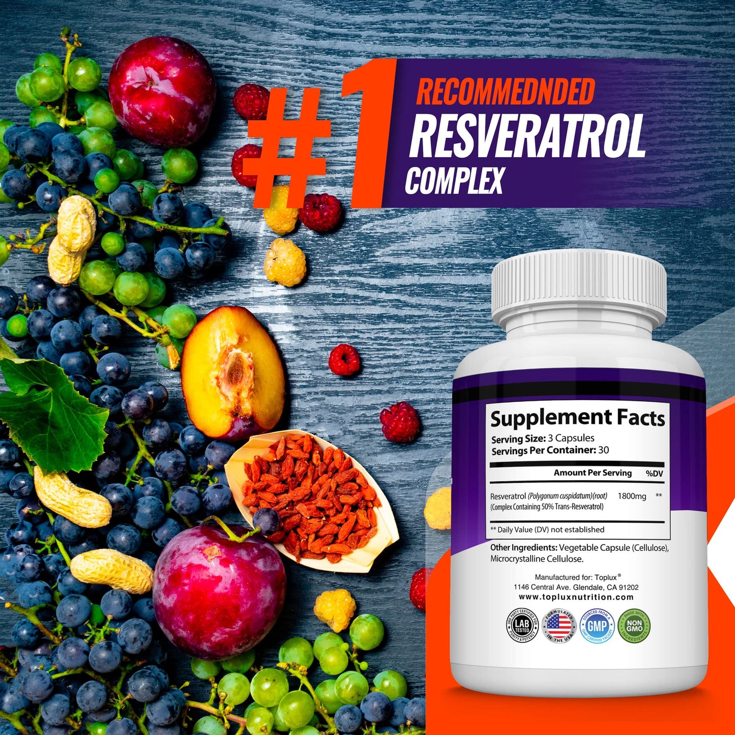 Resveratrol Supplement 1800 mg Antioxidant Complex - Highly Potent Natural Trans-Resveratrol Pills for Healthy Aging, Overall Health Support, Immune System