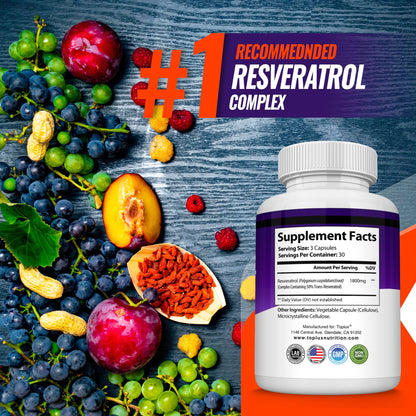 Resveratrol Supplement 1800 mg Antioxidant Complex - Highly Potent Natural Trans-Resveratrol Pills for Healthy Aging, Overall Health Support, Immune System