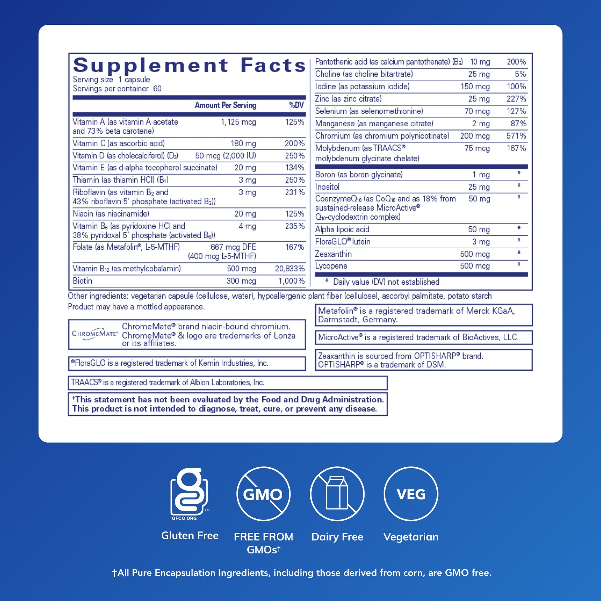Pure Encapsulations O.N.E. Multivitamin - Once Daily Multivitamin with Antioxidant Complex Metafolin, CoQ10, and Lutein to Support Vision, Cognitive Function, and Cellular Health* - 60 Capsules Pure Encapsulations buy supplements Au