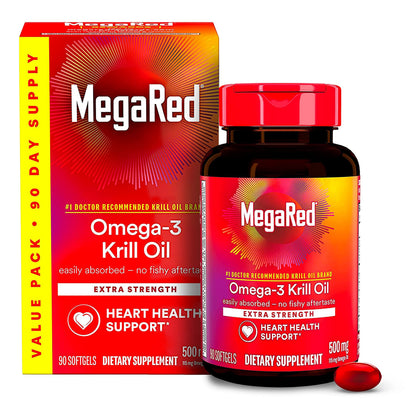MegaRed Antarctic Krill Oil 500mg Omega 3 Fatty Acid Supplement, Extra Strength EPA & DHA Krill Oil Softgels (90cnt Box), Astaxanthin