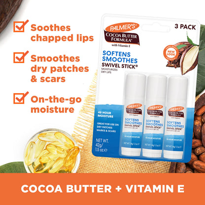 Palmer's Cocoa Butter Formula Moisturizing Swivel Stick with Vitamin E, Lip Balm for Valentine's Day, Face & Body Moisturizer Stick