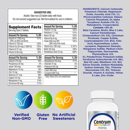 Centrum Minis Silver Multivitamin for Men 50 Plus, Multivitamin/Multimineral Supplement, Vitamin D3, B-Vitamins and Zinc, Non-GMO Ingredients, Supports Memory