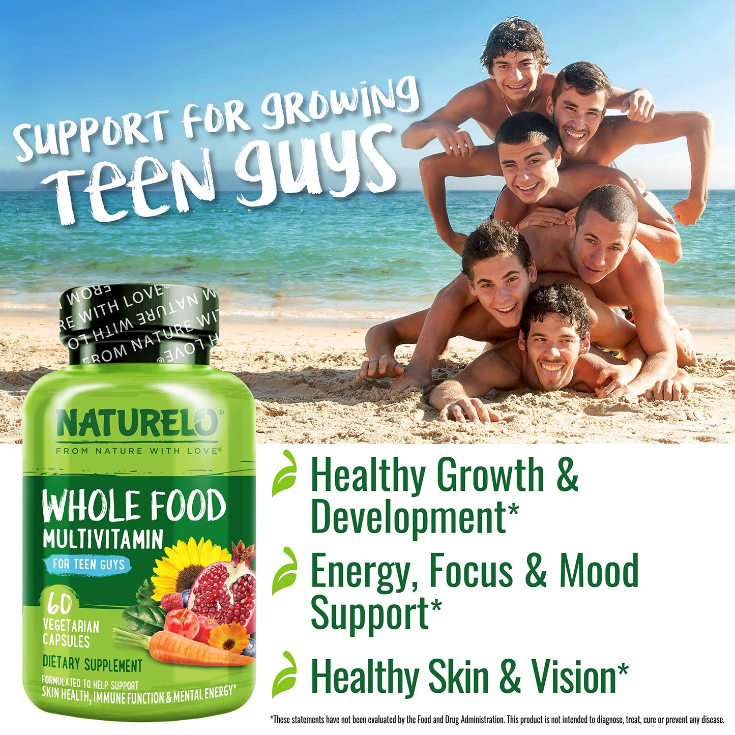 NATURELO Teen Multivitamin - Whole Food Multivitamin for Teenage Boys - Minerals Supplement for Active Kids
