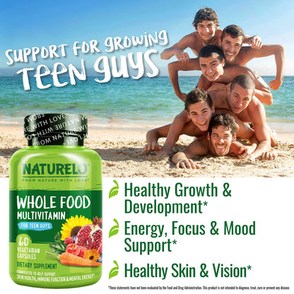NATURELO Teen Multivitamin - Whole Food Multivitamin for Teenage Boys - Minerals Supplement for Active Kids