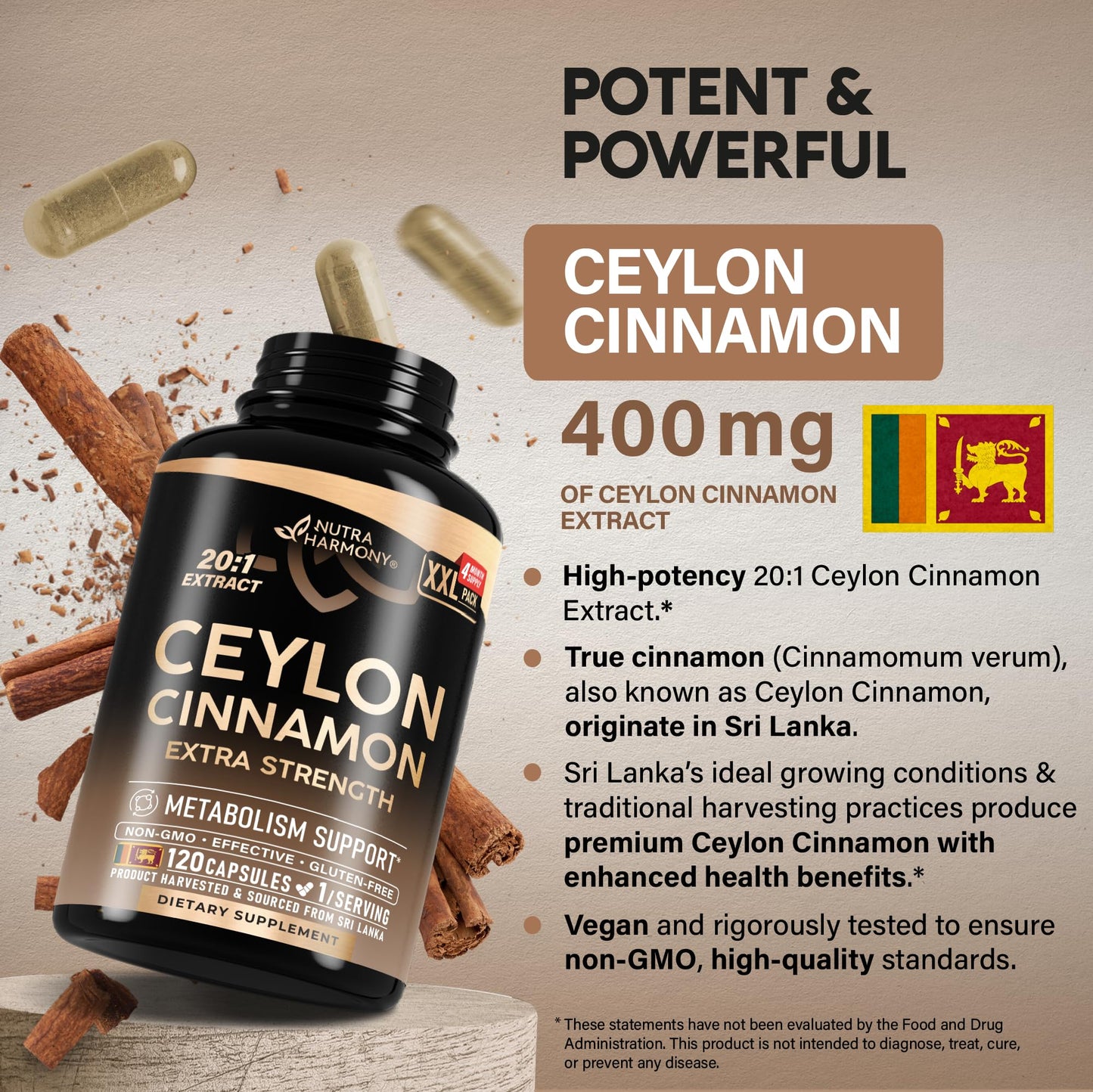 Ceylon Cinnamon Capsules - Extra Strength - Energy, Heart & Metabolism Support - for Men & Women - Pure Natural Extract 20:1 Supplement - Made in USA -