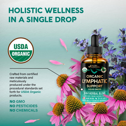 USDA Organic Lymphatic Drainage Supplement - Echinacea | Elderberry | Dandelion | Rosehip | Cleavers | Calendula | Burdock - Made in USA - Lymph System Drops - Immune Support, Cleanse & Detox, 2 fl oz NUTRAHARMONY buy supplements Au