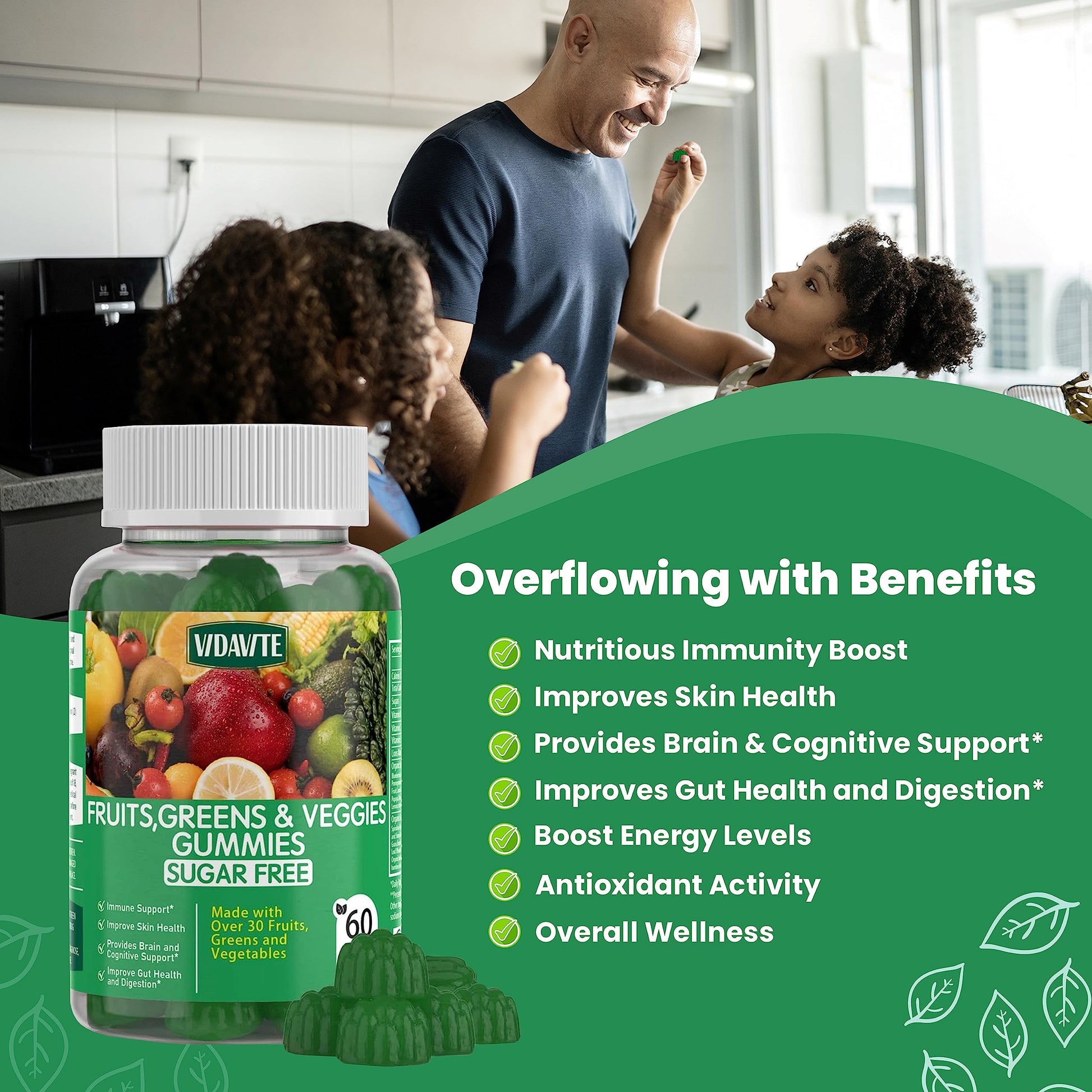 VIDAVITE Sugar-free Super Greens Gummies — US-Made, 35+ Fruit and Veggie gummies to Boost Immunity, Skin & Gut Health — Ideal Fruits and Vegetables Supplement for Adults & Picky Teens (30-Days Supply) VIDAVITEBuy Supplements Australia