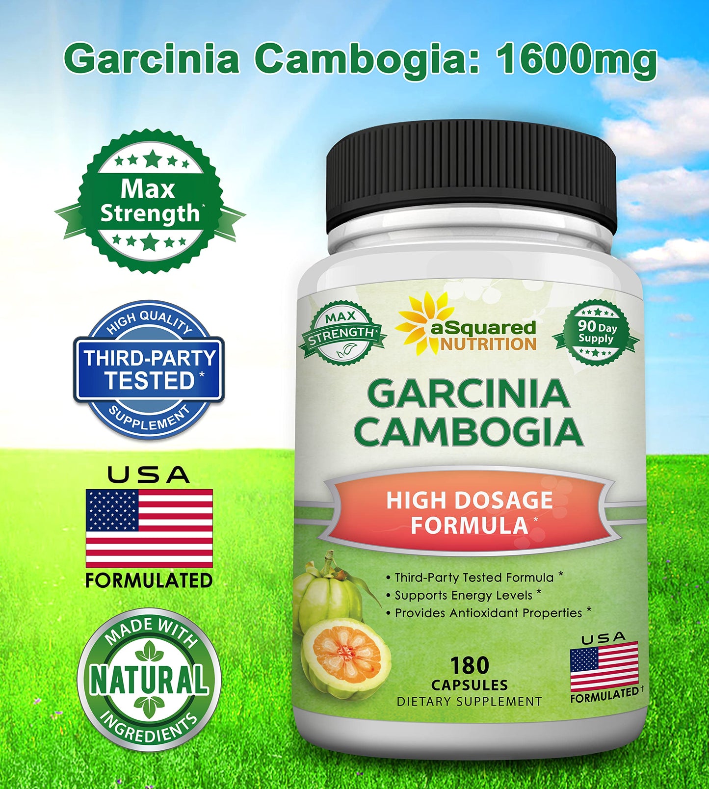 aSquared Nutrition Garcinia Cambogia 1600mg-180 Capsules-Natural Pure Extract Pills for Brain Health- Standardized Ultra HCA & Garcinia Cambogia Supplement