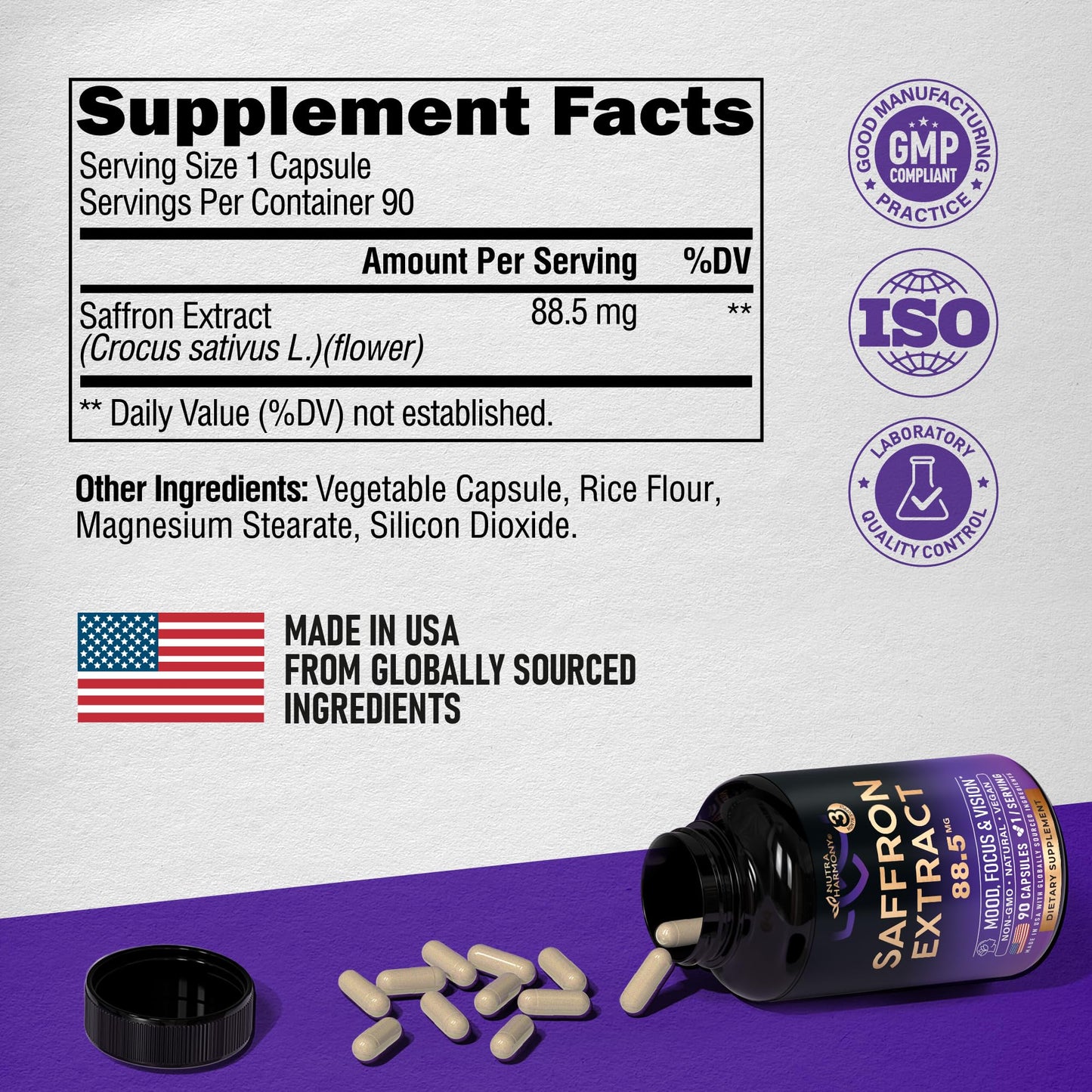 Natural Saffron Supplements - Pure Saffron Extract 88.5 mg - Mood | Focus | Vision | Energy Support - Eye Health for Women & Men - Lab Tested - NonGMO Vegan Pills