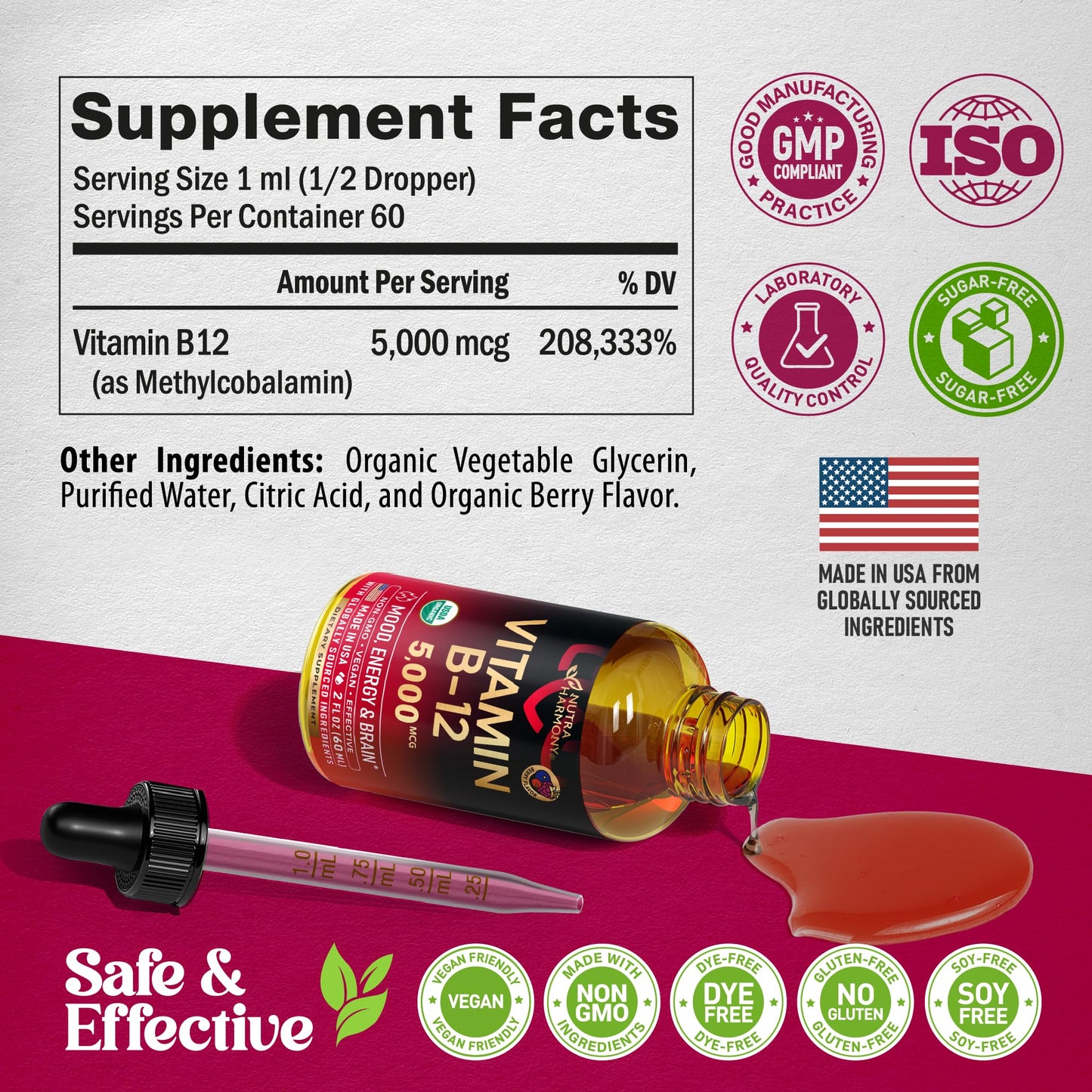USDA Organic Vitamin B12 Sublingual Drops - 5000 mcg Liquid Vegan Methylcobalamin for Women & Men - Energy Boost, Focus & Mood, Brain Health Support