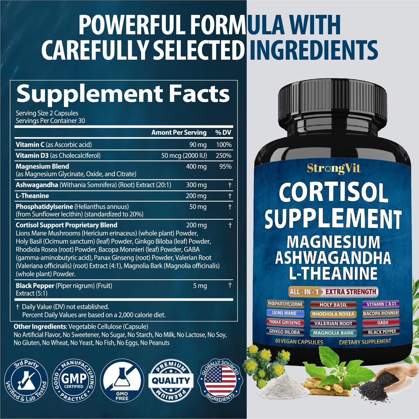 StrongVit Cortisol Supplements for Women and Men with Magnesium, Ashwagandha & L-Theanine. High Cortisol Reducer, Manager, Detox,