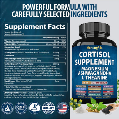 StrongVit Cortisol Supplements for Women and Men with Magnesium, Ashwagandha & L-Theanine. High Cortisol Reducer, Manager, Detox,