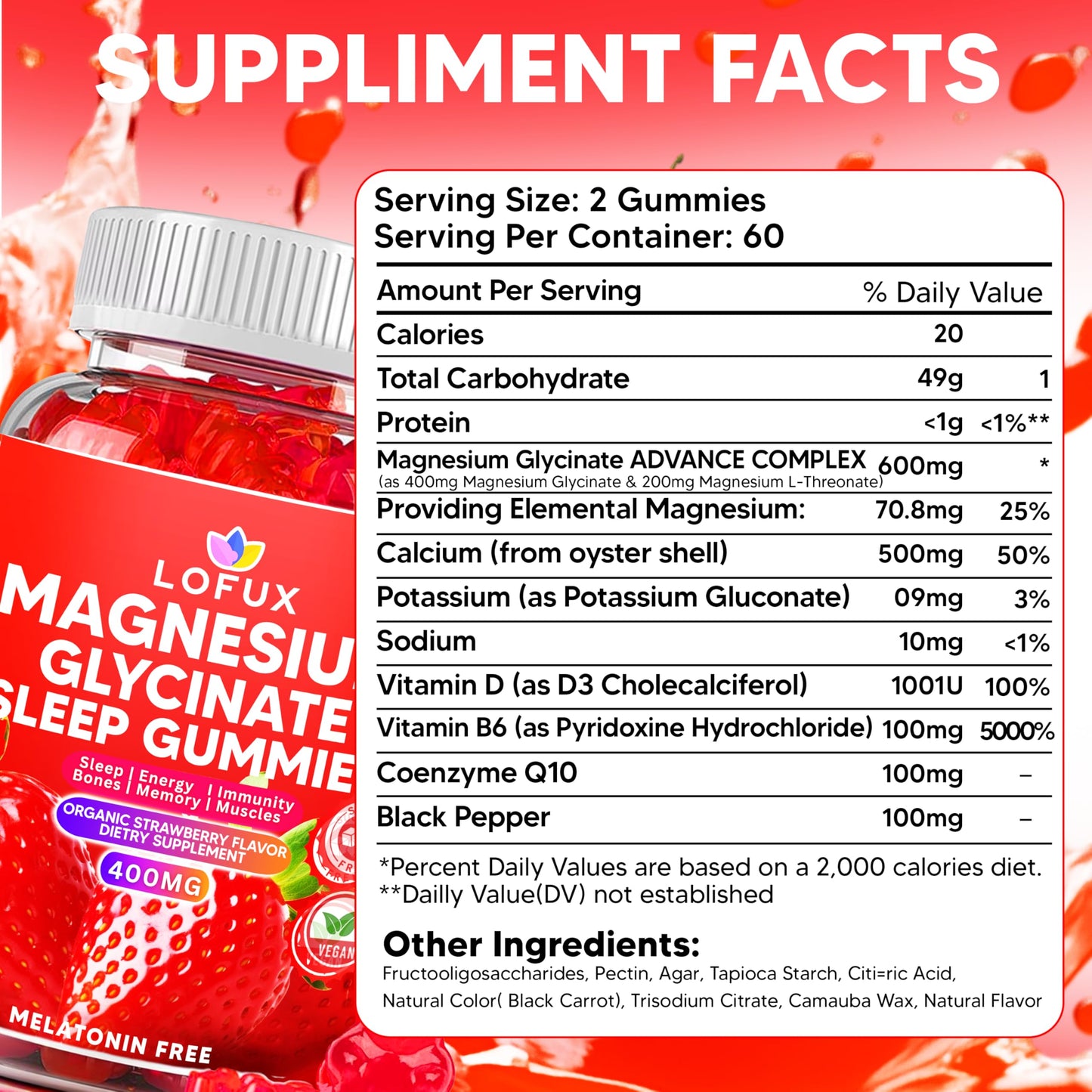 Lofux Magnesium Glycinate Gummies 400mg, Sugar Free Magnesium Gummies for Adults Women, Men, Chewable Supplement Gummy with L-Threonate, Vitamin D, B6, CoQ10
