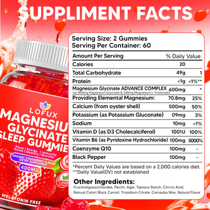 Lofux Magnesium Glycinate Gummies 400mg, Sugar Free Magnesium Gummies for Adults Women, Men, Chewable Supplement Gummy with L-Threonate, Vitamin D, B6, CoQ10