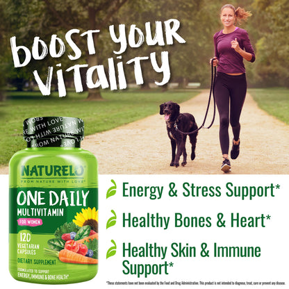NATURELO One Daily Multivitamin for Women w/Vitamin B12, 120 Ct, Energy Support, Whole Food Daily Women Multivitamin Supplement, Nourish Hair/Skin/Nail, Non-GMO
