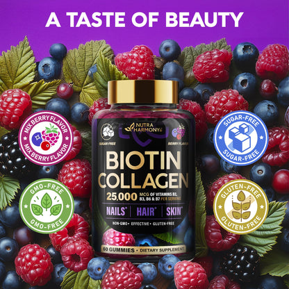Biotin Gummies with Collagen - Hair Growth Support Skin, & Nail Strength - for Women & Men - Biotin 10000mcg | Keratin | Hyaluronic Acid | B-Complex | Saw Palmetto