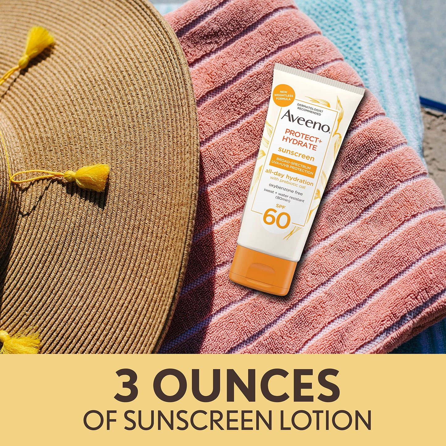 Aveeno Protect + Hydrate Moisturizing Body Sunscreen Lotion with Broad Spectrum SPF 60 & Prebiotic Oat, Weightless & Refreshing Feel
